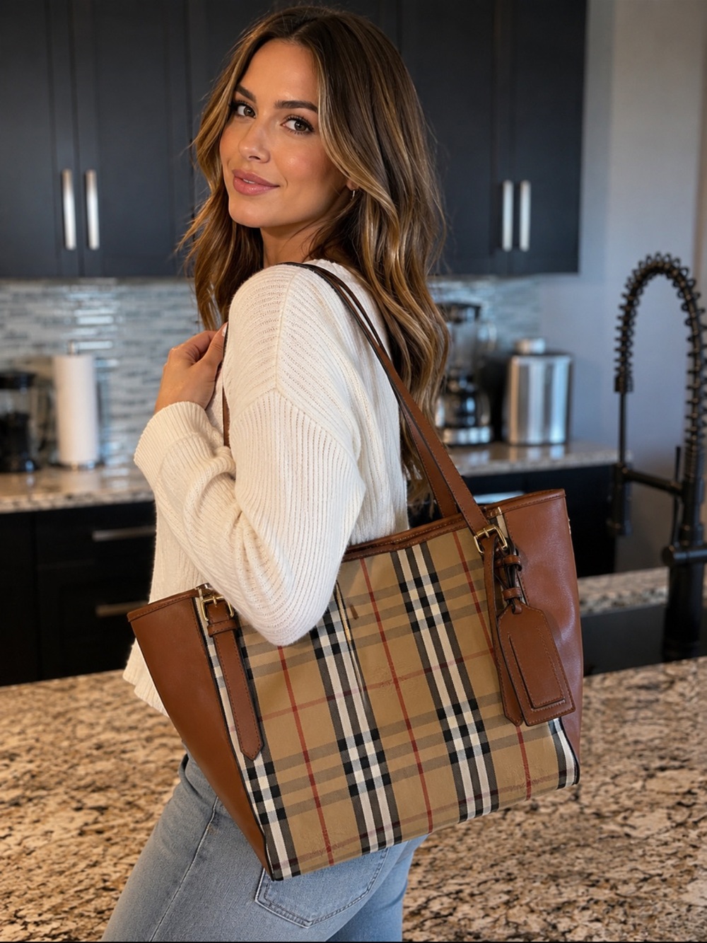 Burberry Beige Nova Check Tote with Brown Leather Trim